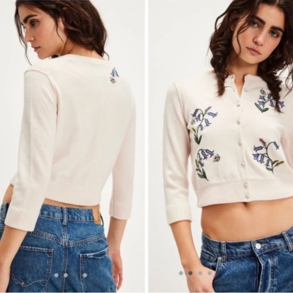 New! Free People Pink Floral Bee Embroidered silk lined Cardigan 2729